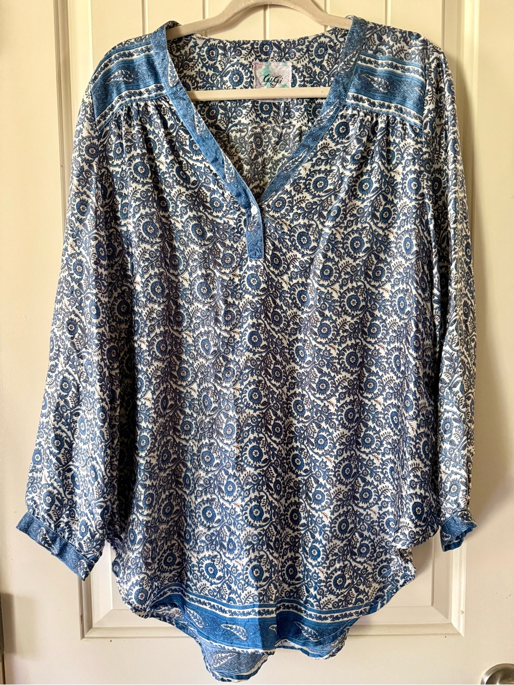 Gigi Isabella SILK Blue and White Floral Medallion V-Neck Tunic